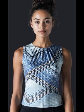 Calvin Klein XS Black & Blue Sleeveless Pleated Neck Blouse Shirt Top